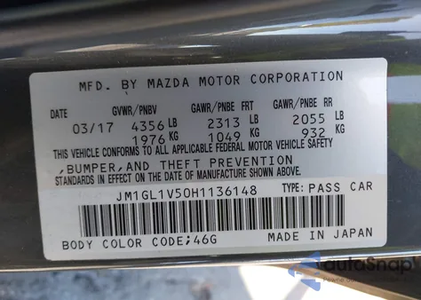 2017 Mazda Mazda6 Touring z USA, uszkodzony, nr VIN JM1GL1V50H1136148